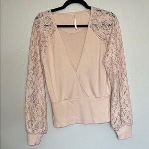 Anthropologie Lace-Sleeve Ribbed Wrap Top - Blush